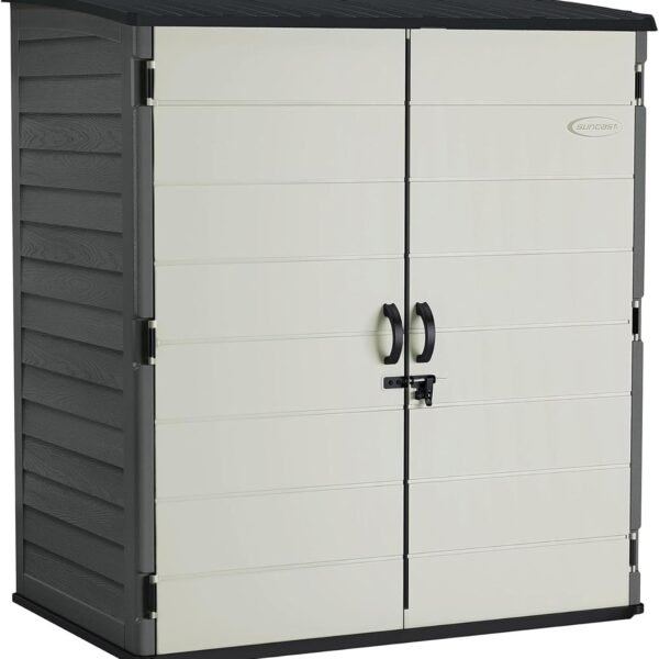 Suncast XL Vertical Storage Shed - 106 Cu Ft Resin Shed with Lockable Doors for Garden Tools, Trash Cans & Push Mowers
